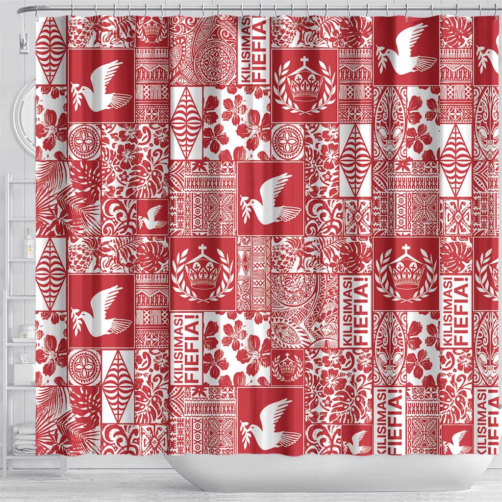 Red Tonga Kilisimasi Fiefia Shower Curtain Pacific Patchwork Xmas Vibes - Polynesian Pride