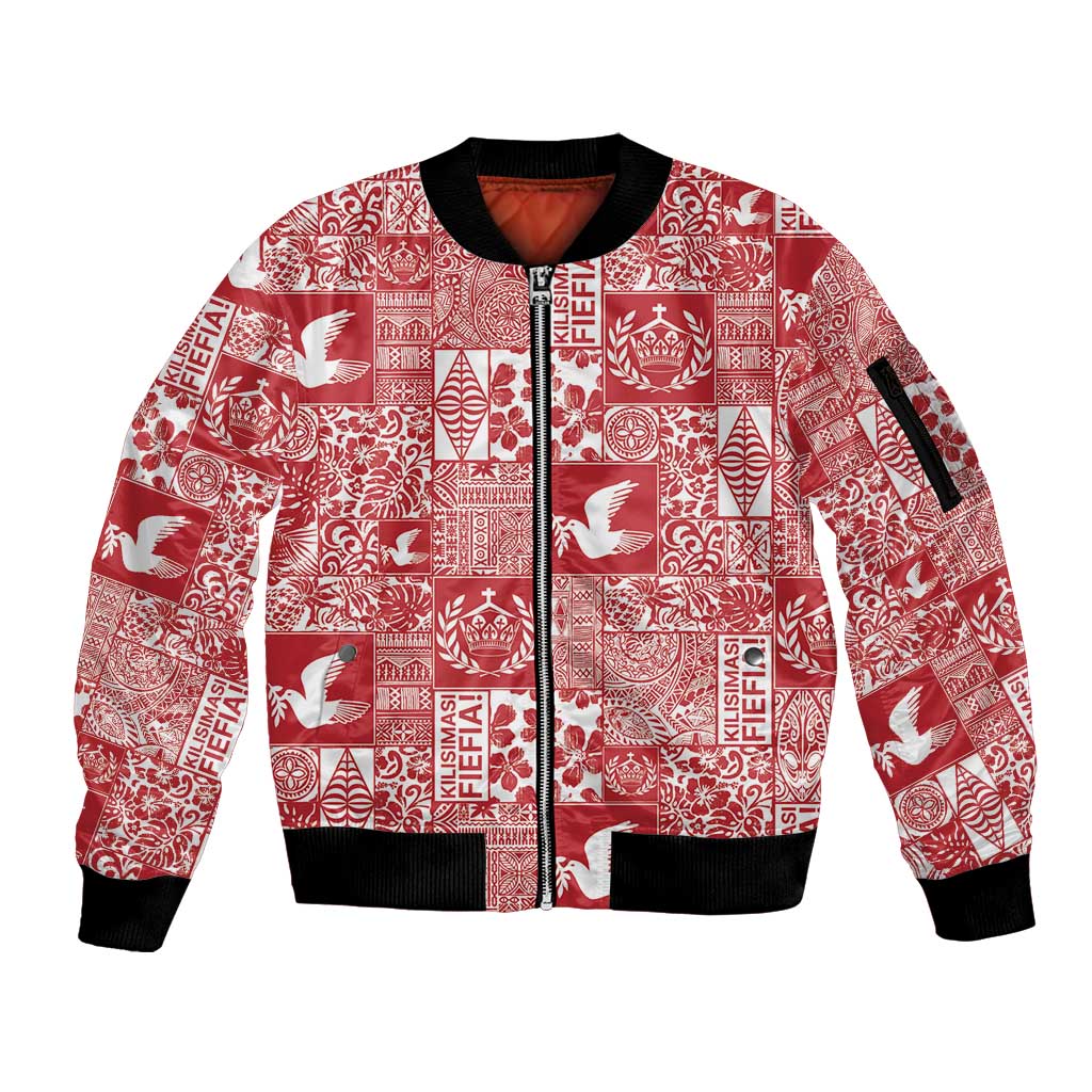 Red Tonga Kilisimasi Fiefia Sleeve Zip Bomber Jacket Pacific Patchwork Xmas Vibes - Polynesian Pride