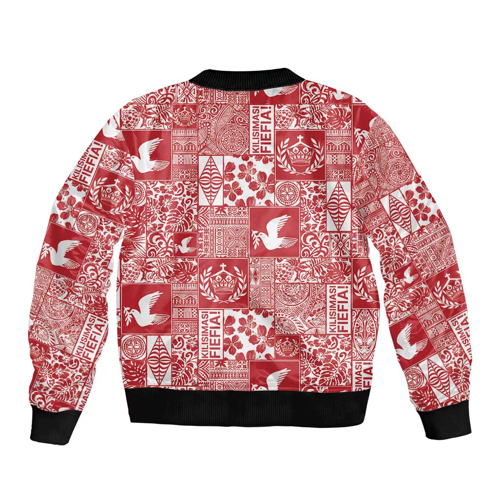Red Tonga Kilisimasi Fiefia Sleeve Zip Bomber Jacket Pacific Patchwork Xmas Vibes - Polynesian Pride