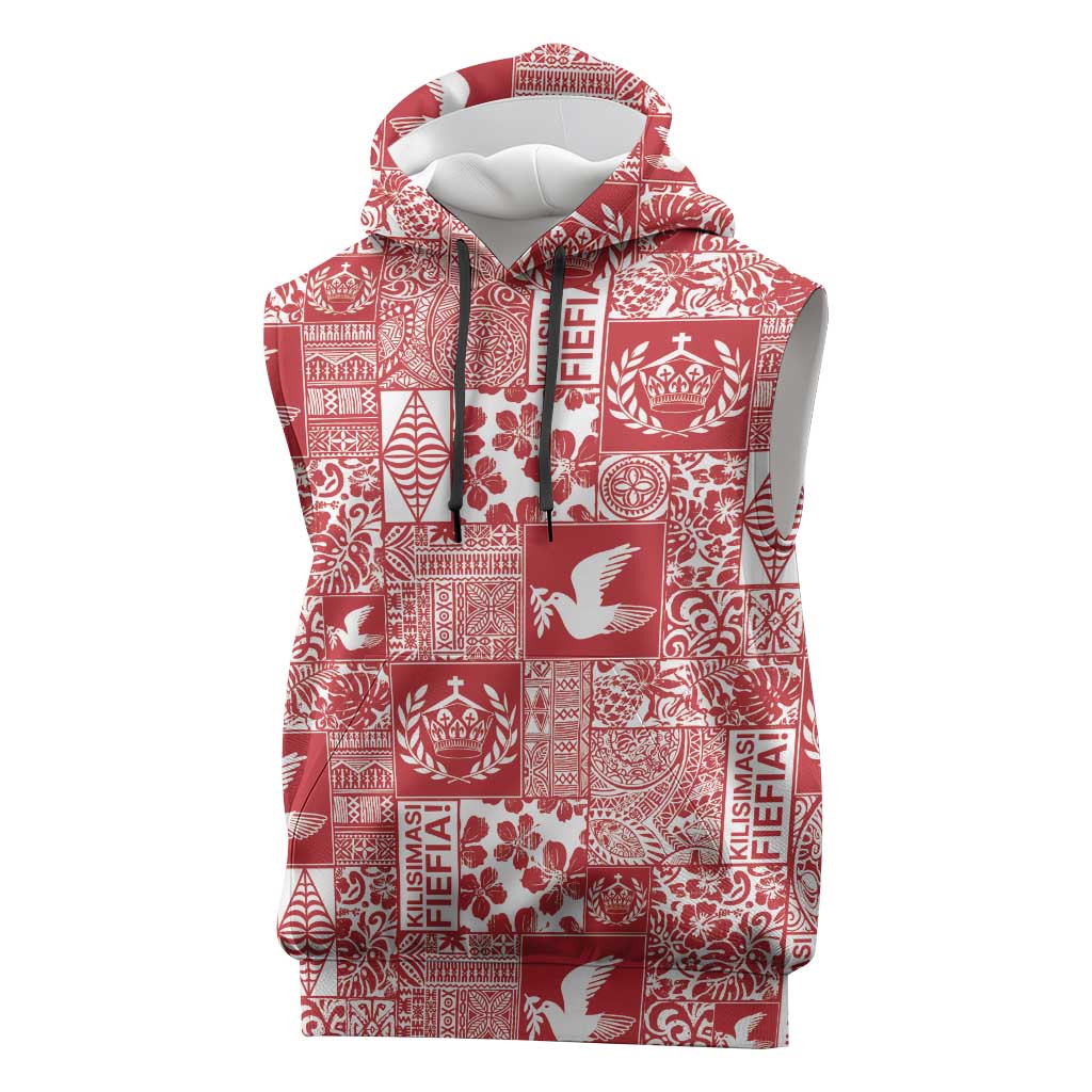 Red Tonga Kilisimasi Fiefia Sleeveless Hoodie Pacific Patchwork Xmas Vibes - Polynesian Pride