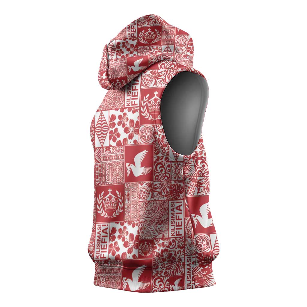 Red Tonga Kilisimasi Fiefia Sleeveless Hoodie Pacific Patchwork Xmas Vibes - Polynesian Pride