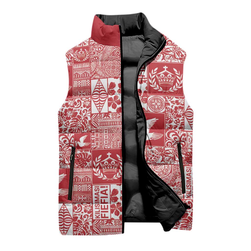Red Tonga Kilisimasi Fiefia Sleeveless Puffer Jacket Pacific Patchwork Xmas Vibes - Polynesian Pride