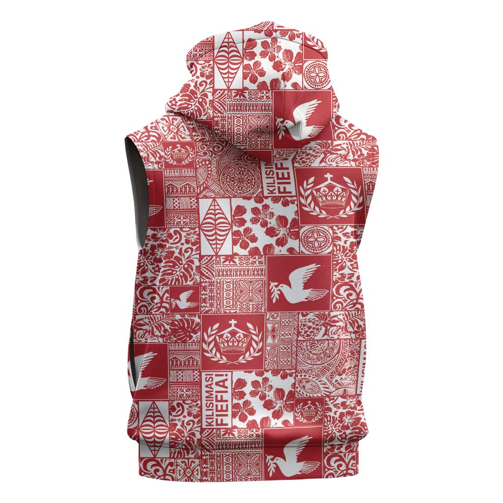Red Tonga Kilisimasi Fiefia Sleeveless Zip Hoodie Pacific Patchwork Xmas Vibes - Polynesian Pride