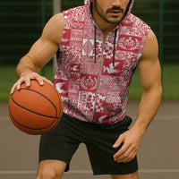 Red Tonga Kilisimasi Fiefia Sleeveless Zip Hoodie Pacific Patchwork Xmas Vibes - Polynesian Pride