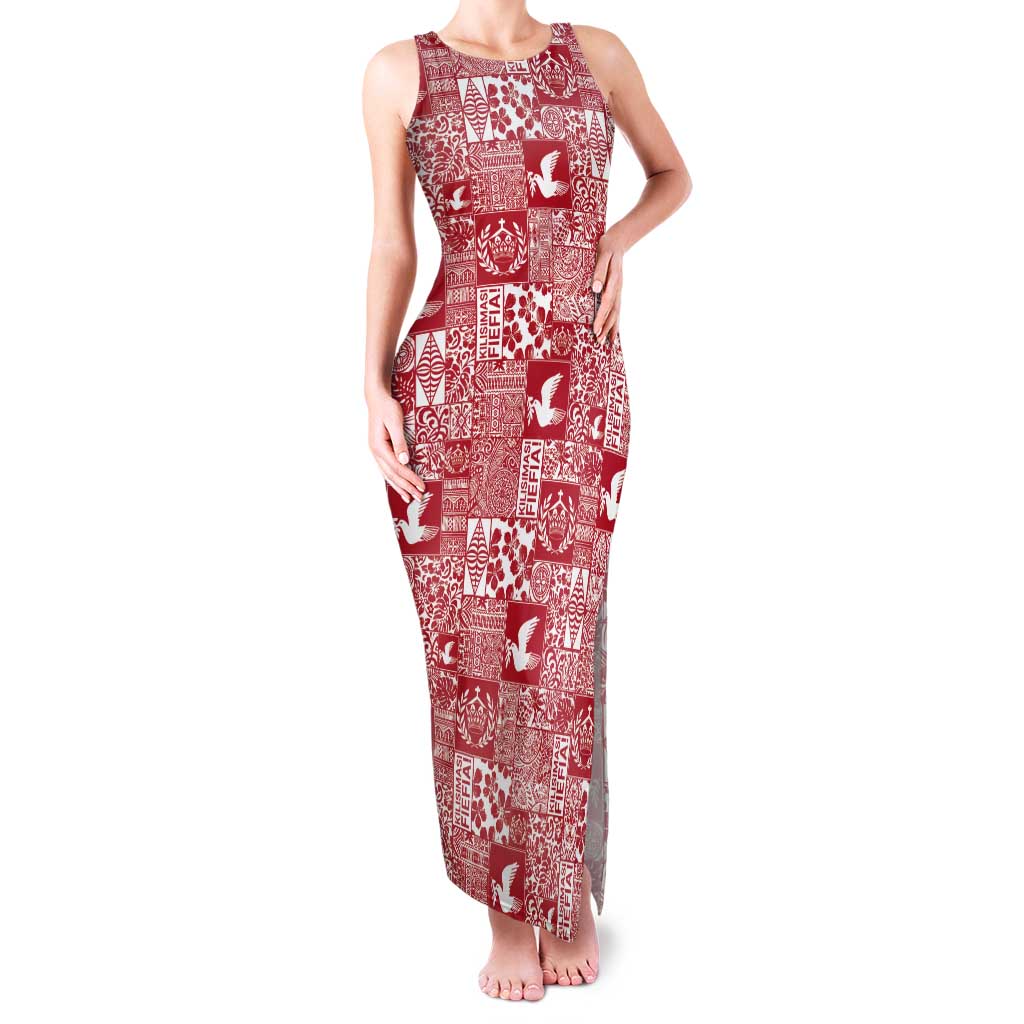 Red Tonga Kilisimasi Fiefia Tank Maxi Dress Pacific Patchwork Xmas Vibes - Polynesian Pride