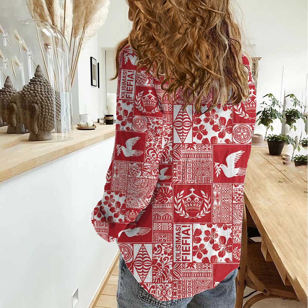 Red Tonga Kilisimasi Fiefia Women Casual Shirt Pacific Patchwork Xmas Vibes - Polynesian Pride