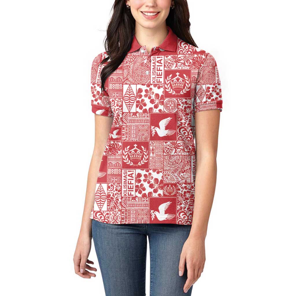 Red Tonga Kilisimasi Fiefia Women Polo Shirt Pacific Patchwork Xmas Vibes - Polynesian Pride