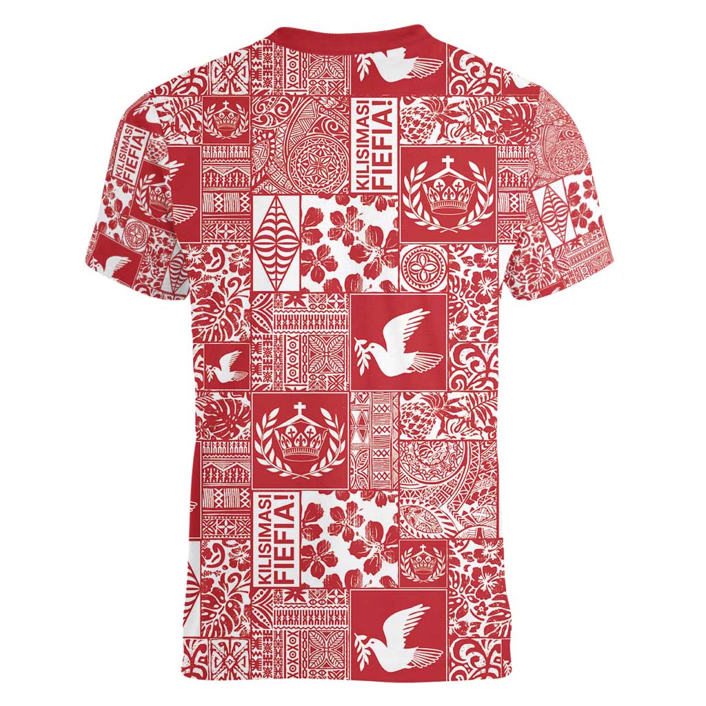 Red Tonga Kilisimasi Fiefia Women V-Neck T-Shirt Pacific Patchwork Xmas Vibes - Polynesian Pride