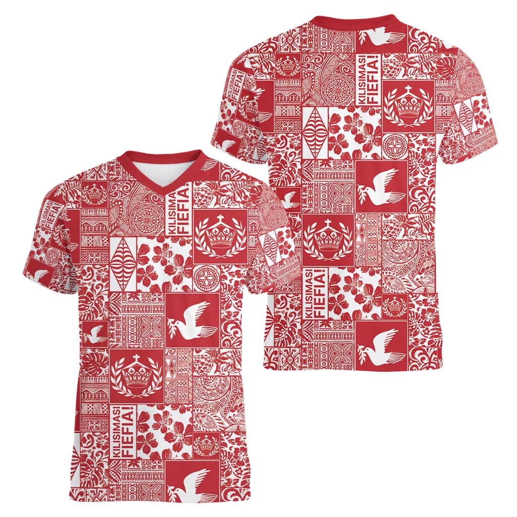 Red Tonga Kilisimasi Fiefia Women V-Neck T-Shirt Pacific Patchwork Xmas Vibes - Polynesian Pride