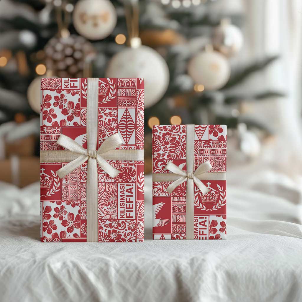 Red Tonga Kilisimasi Fiefia Wrapping Paper Pacific Patchwork Xmas Vibes - Polynesian Pride