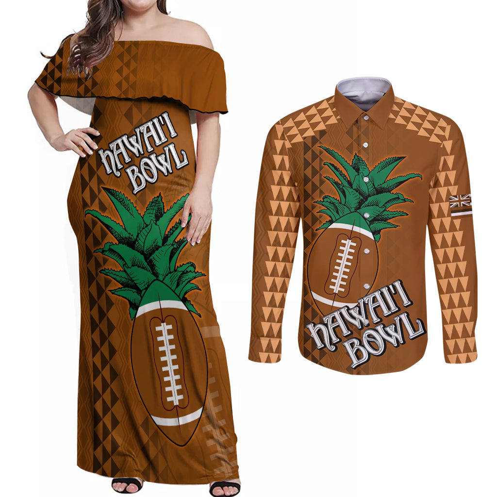 Custom Hawaii Honolulu Bowl Couples Matching Off Shoulder Maxi Dress and Long Sleeve Button Shirt With Kakau Tribal Pattern LT9 Brown - Polynesian Pride