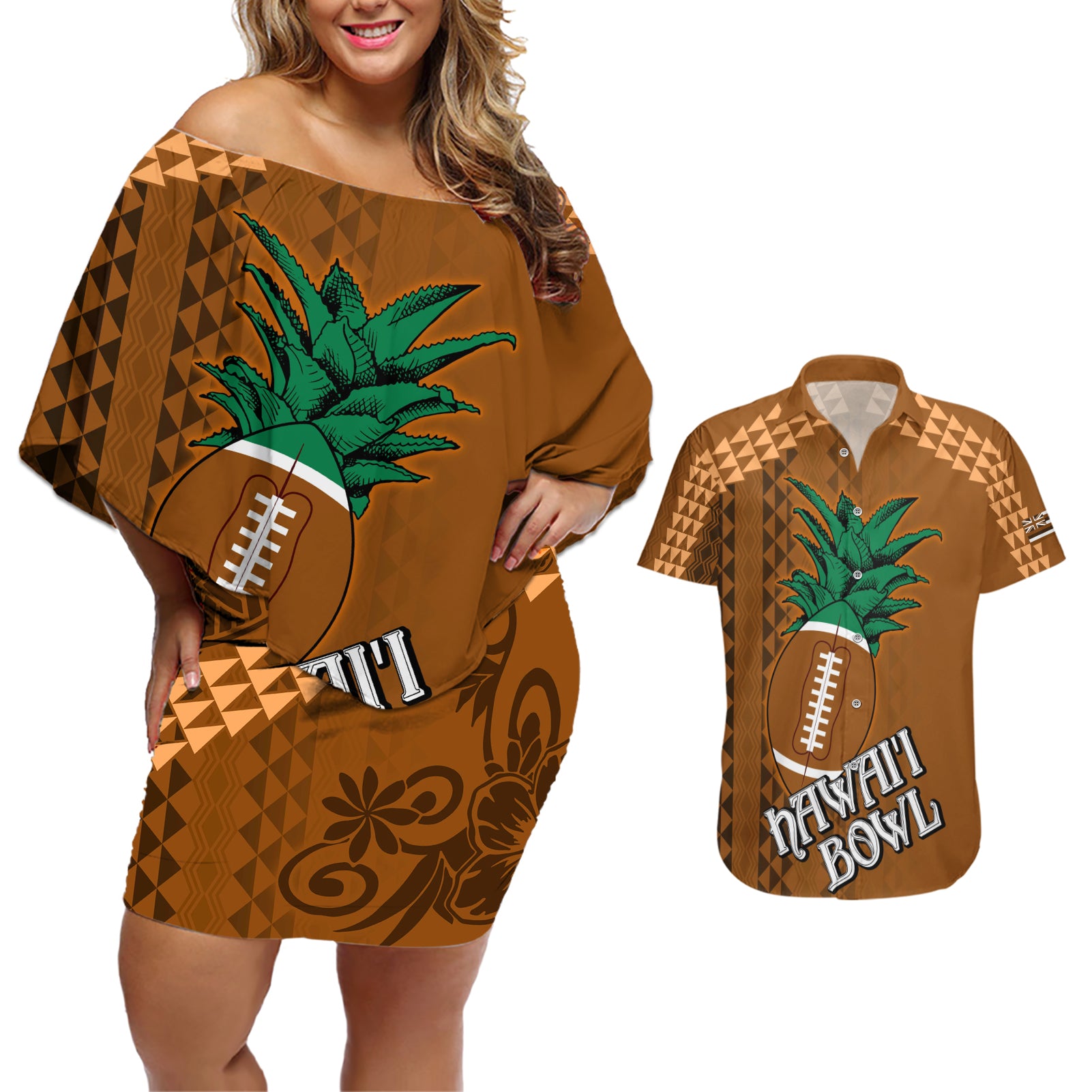 Custom Hawaii Honolulu Bowl Couples Matching Off Shoulder Short Dress and Hawaiian Shirt With Kakau Tribal Pattern LT9 Brown - Polynesian Pride