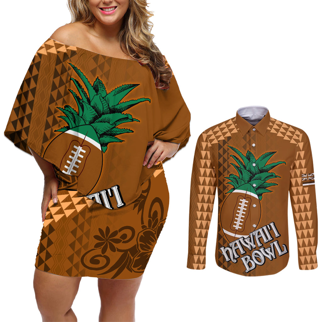 Custom Hawaii Honolulu Bowl Couples Matching Off Shoulder Short Dress and Long Sleeve Button Shirt With Kakau Tribal Pattern LT9 Brown - Polynesian Pride