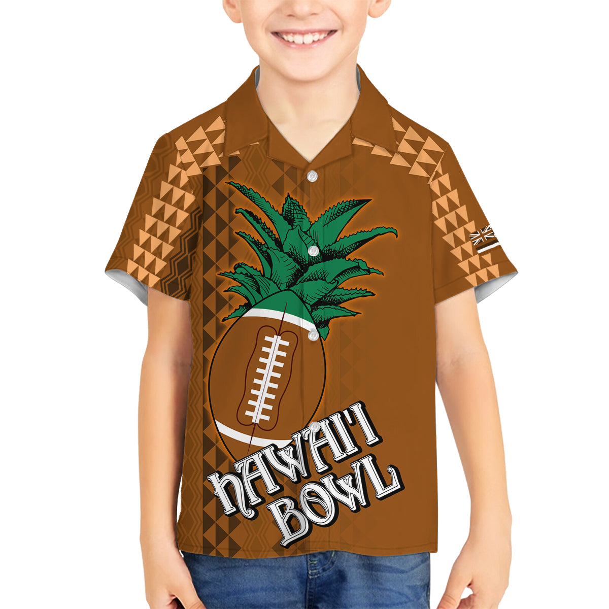 Custom Hawaii Honolulu Bowl Family Matching Long Sleeve Bodycon Dress and Hawaiian Shirt With Kakau Tribal Pattern LT9 Son's Shirt Brown - Polynesian Pride