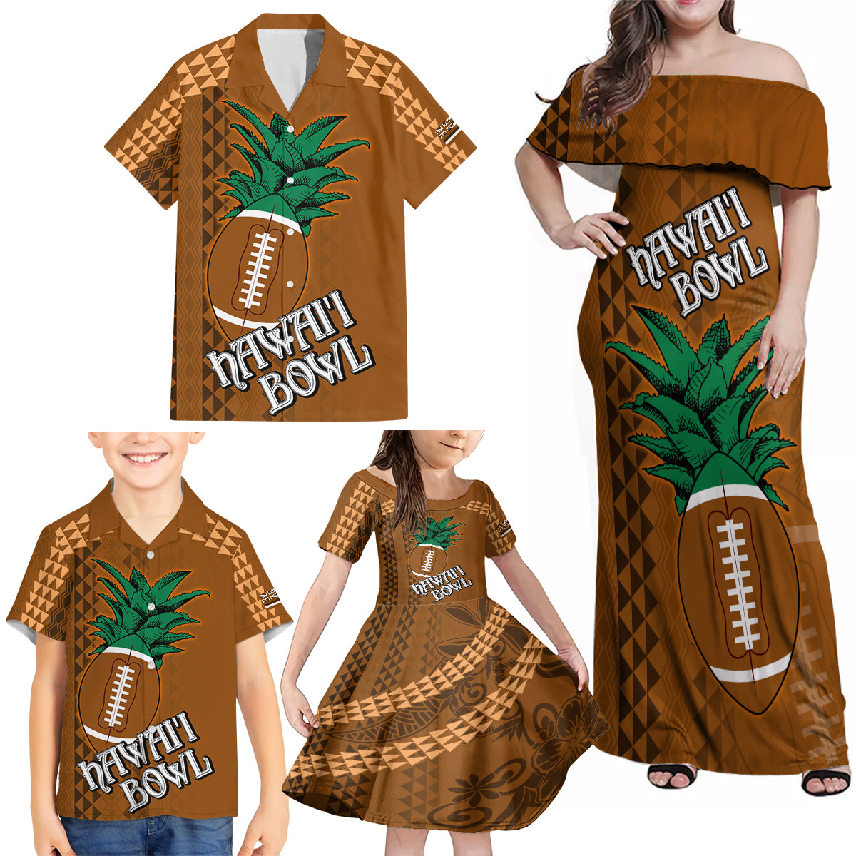 Custom Hawaii Honolulu Bowl Family Matching Off Shoulder Maxi Dress and Hawaiian Shirt With Kakau Tribal Pattern LT9 - Polynesian Pride