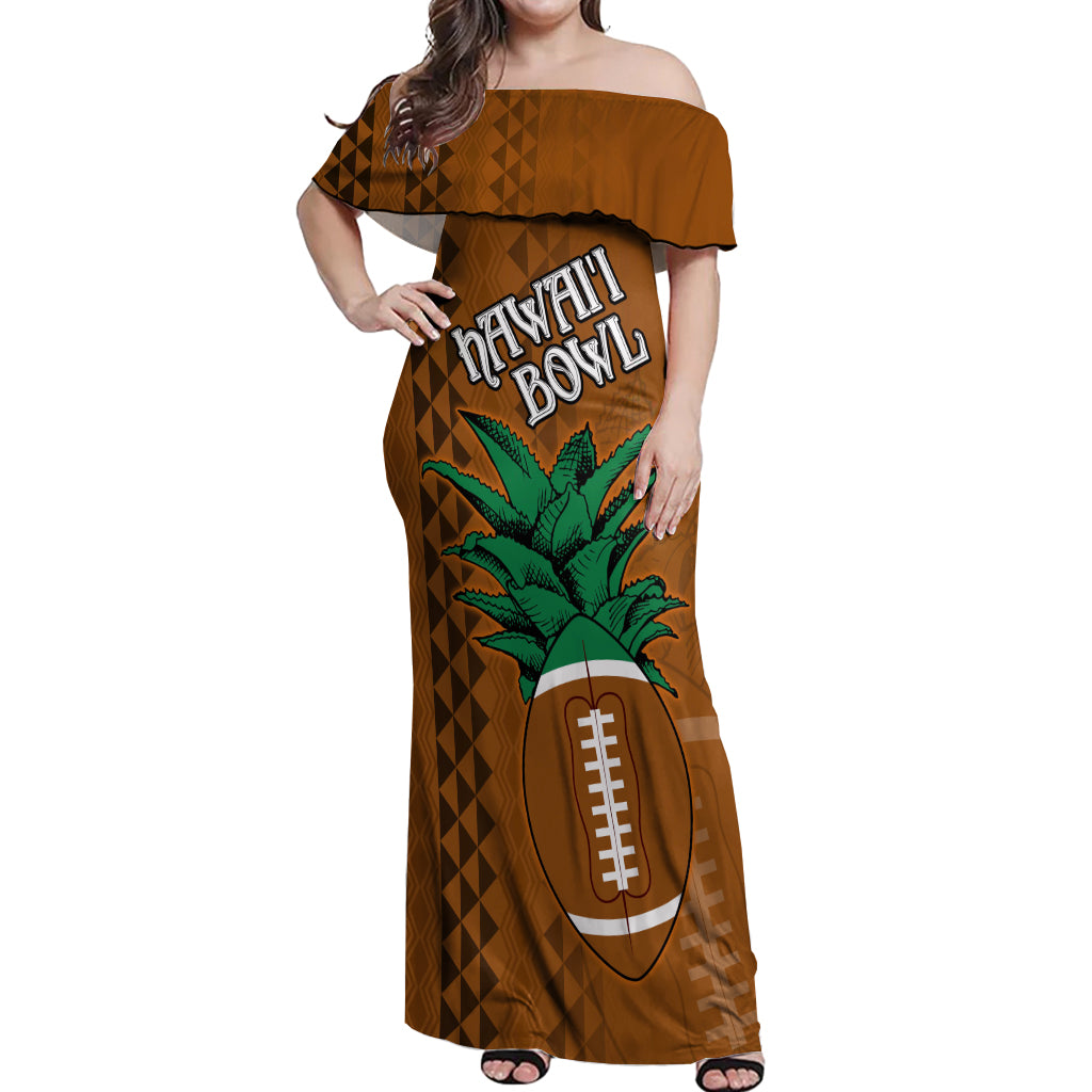 Custom Hawaii Honolulu Bowl Off Shoulder Maxi Dress With Kakau Tribal Pattern LT9 Women Brown - Polynesian Pride