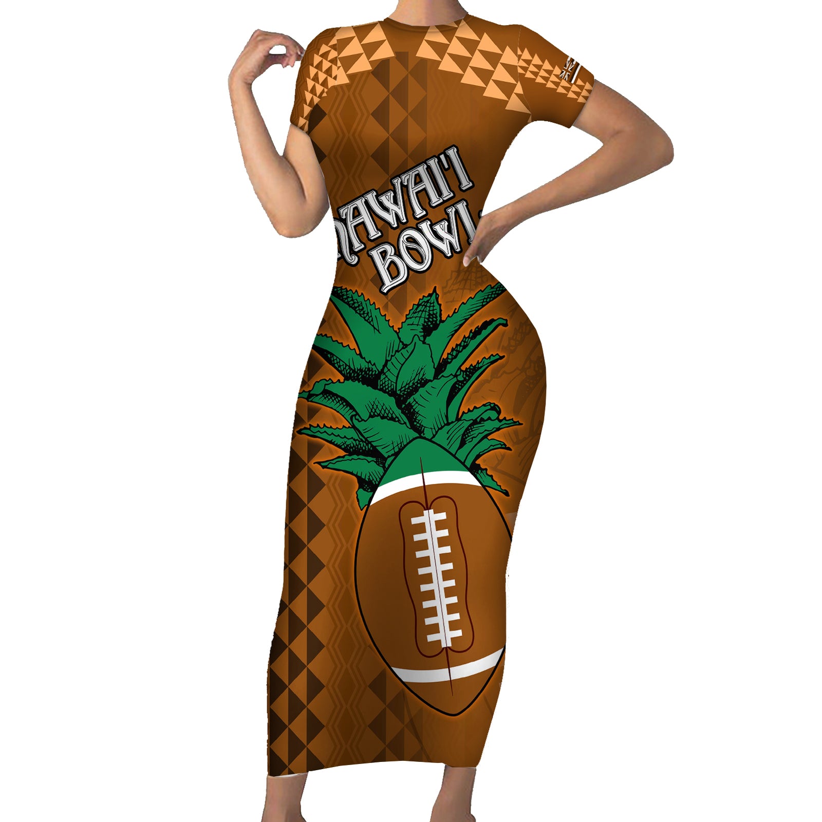 Custom Hawaii Honolulu Bowl Short Sleeve Bodycon Dress With Kakau Tribal Pattern LT9 Long Dress Brown - Polynesian Pride