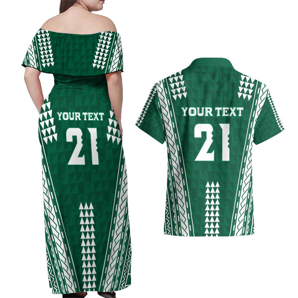 Polynesian Hawaii Volleyball Custom Couples Matching Off Shoulder Maxi Dress and Hawaiian Shirt Green Kakau with Map Motif