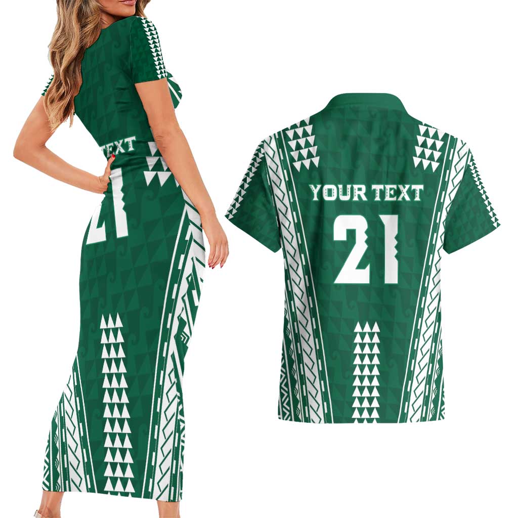 Polynesian Hawaii Volleyball Custom Couples Matching Short Sleeve Bodycon Dress and Hawaiian Shirt Green Kakau with Map Motif