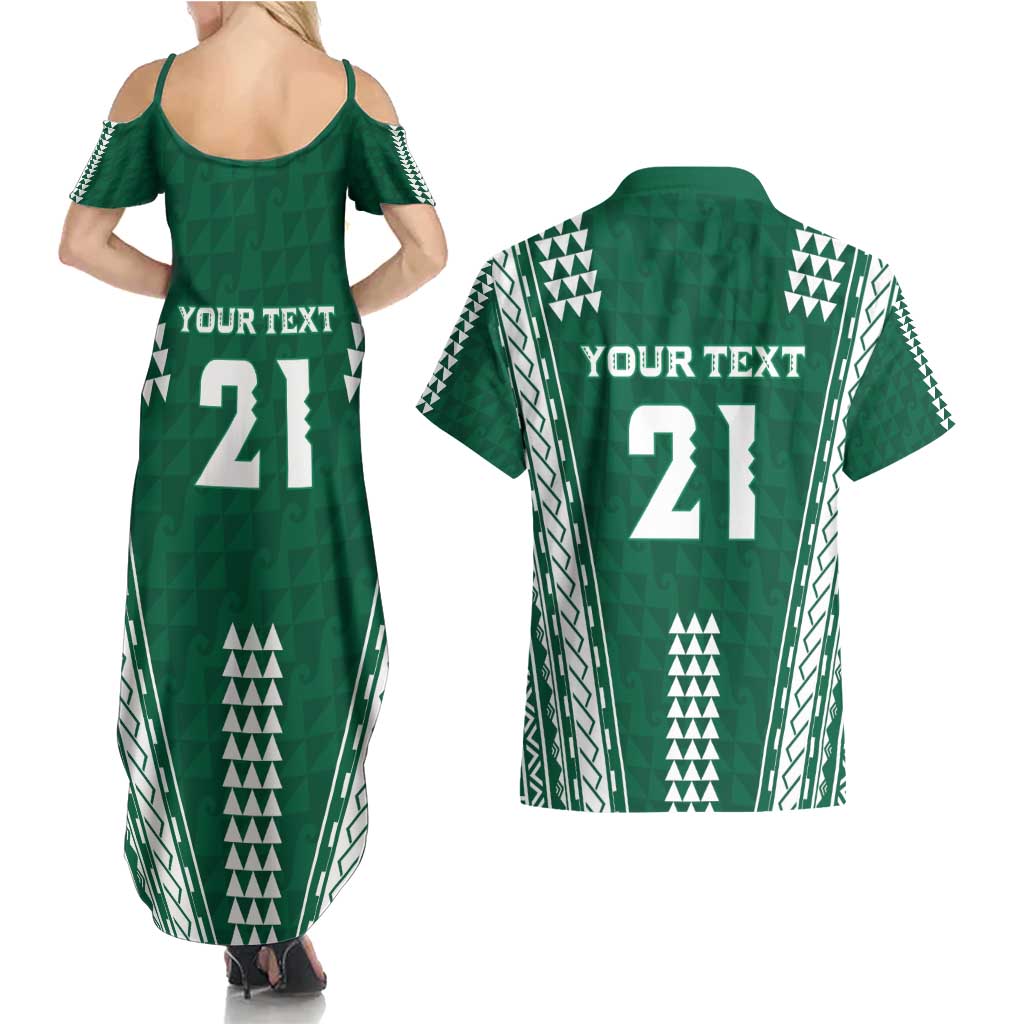 Polynesian Hawaii Volleyball Custom Couples Matching Summer Maxi Dress and Hawaiian Shirt Green Kakau with Map Motif