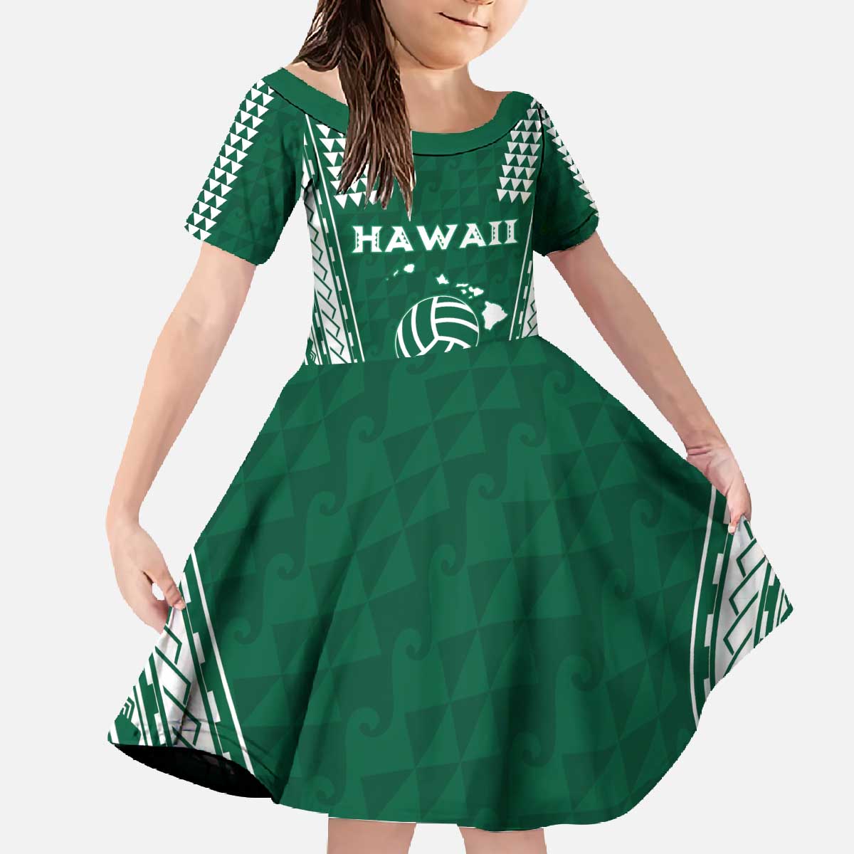 Polynesian Hawaii Volleyball Custom Family Matching Off The Shoulder Long Sleeve Dress and Hawaiian Shirt Green Kakau with Map Motif