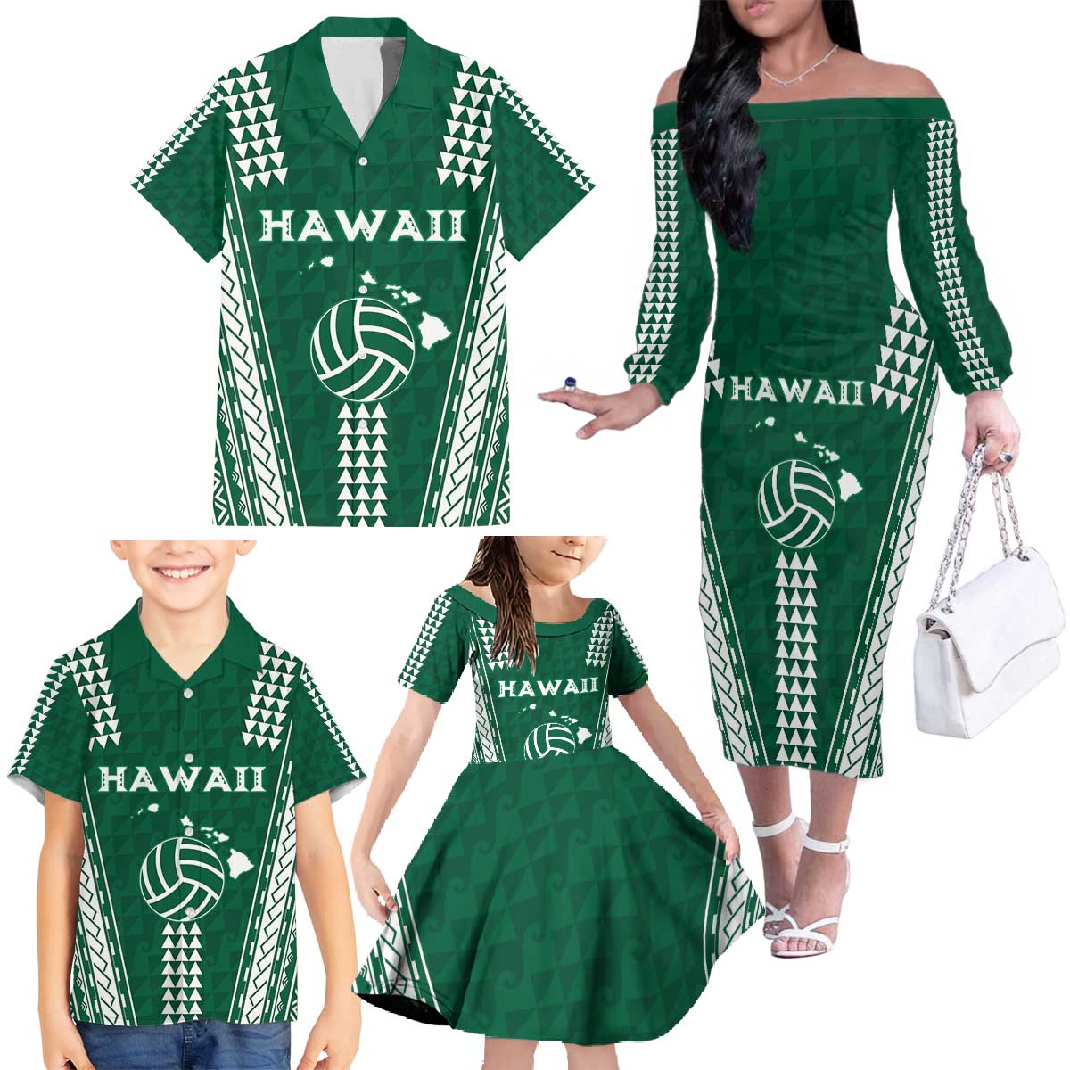 Polynesian Hawaii Volleyball Custom Family Matching Off The Shoulder Long Sleeve Dress and Hawaiian Shirt Green Kakau with Map Motif