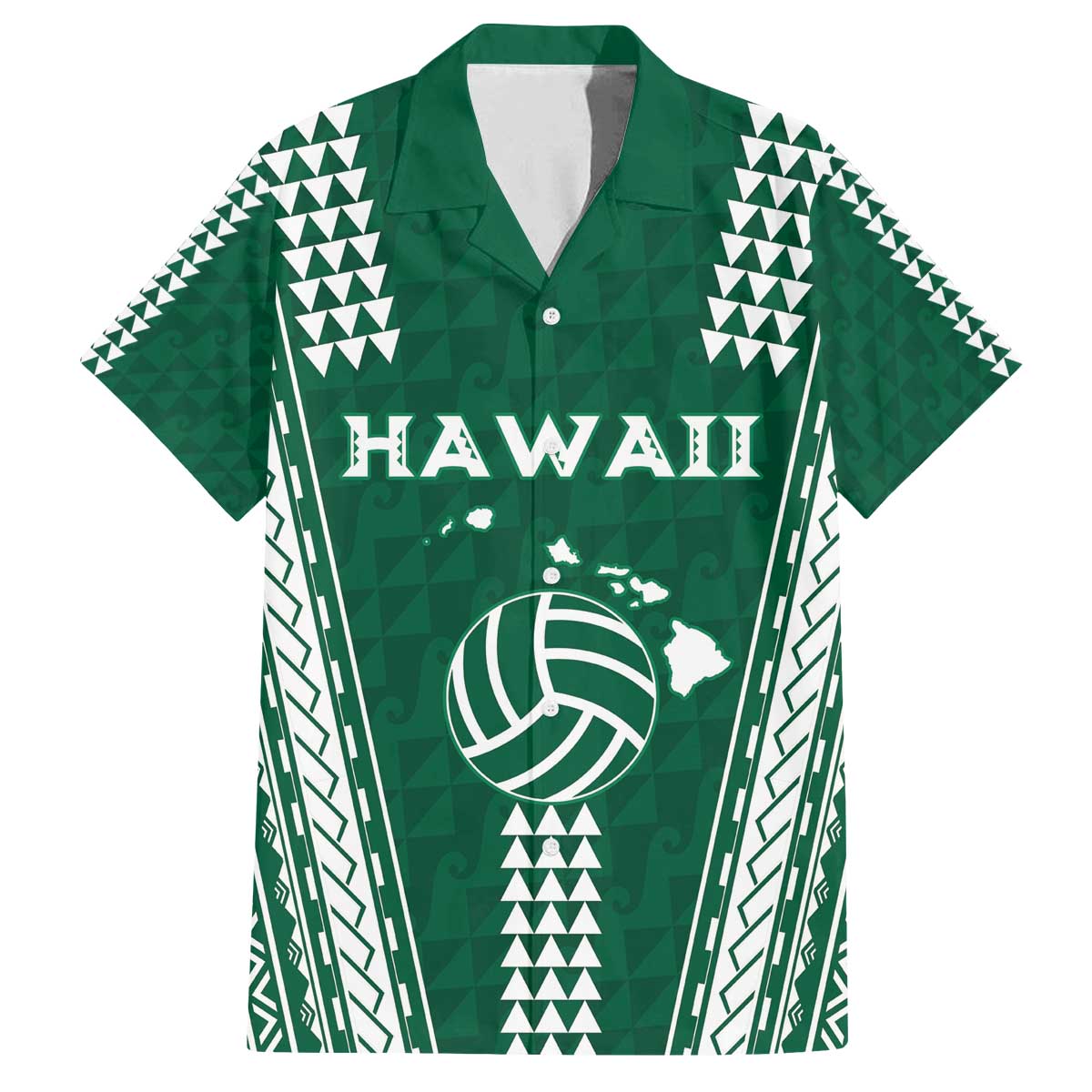 Polynesian Hawaii Volleyball Custom Family Matching Off The Shoulder Long Sleeve Dress and Hawaiian Shirt Green Kakau with Map Motif