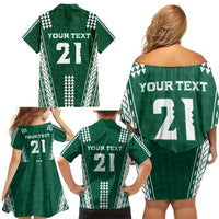 Polynesian Hawaii Volleyball Custom Family Matching Off Shoulder Short Dress and Hawaiian Shirt Green Kakau with Map Motif