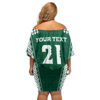 Polynesian Hawaii Volleyball Custom Family Matching Off Shoulder Short Dress and Hawaiian Shirt Green Kakau with Map Motif