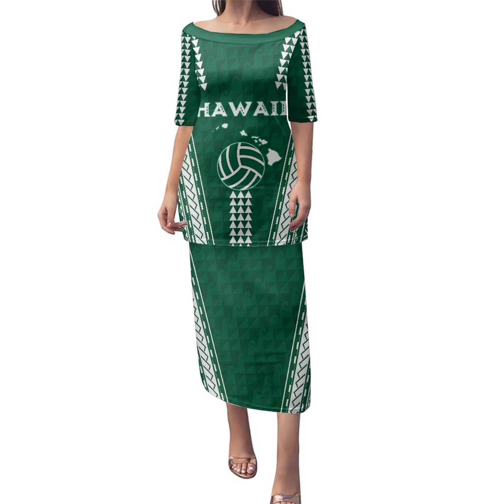 Polynesian Hawaii Volleyball Custom Family Matching Puletasi and Hawaiian Shirt Green Kakau with Map Motif