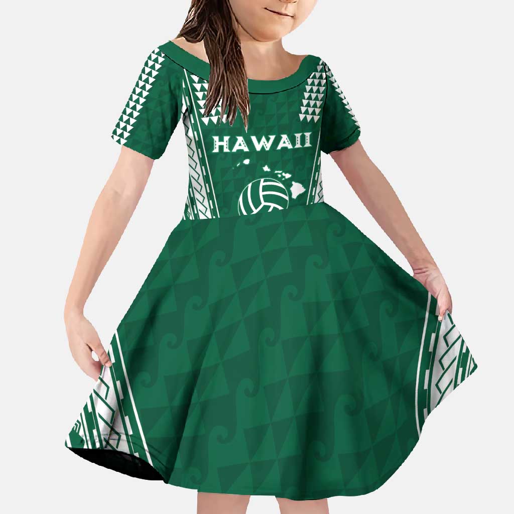 Polynesian Hawaii Volleyball Custom Family Matching Short Sleeve Bodycon Dress and Hawaiian Shirt Green Kakau with Map Motif