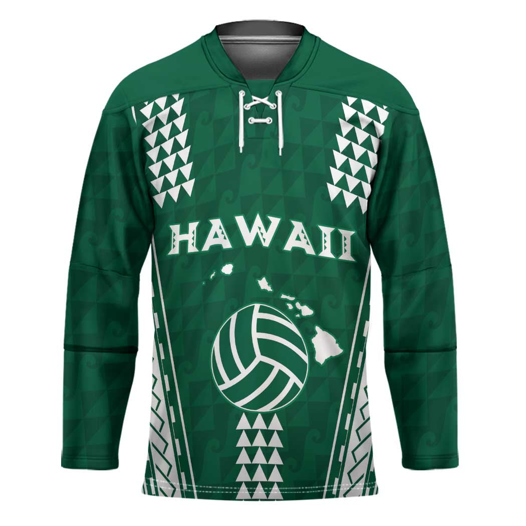 Polynesian Hawaii Volleyball Custom Hockey Jersey Green Kakau with Map Motif - Polynesian Pride