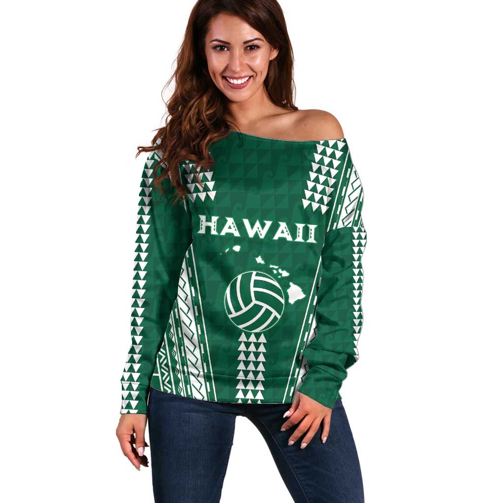 Polynesian Hawaii Volleyball Custom Off Shoulder Sweater Green Kakau with Map Motif