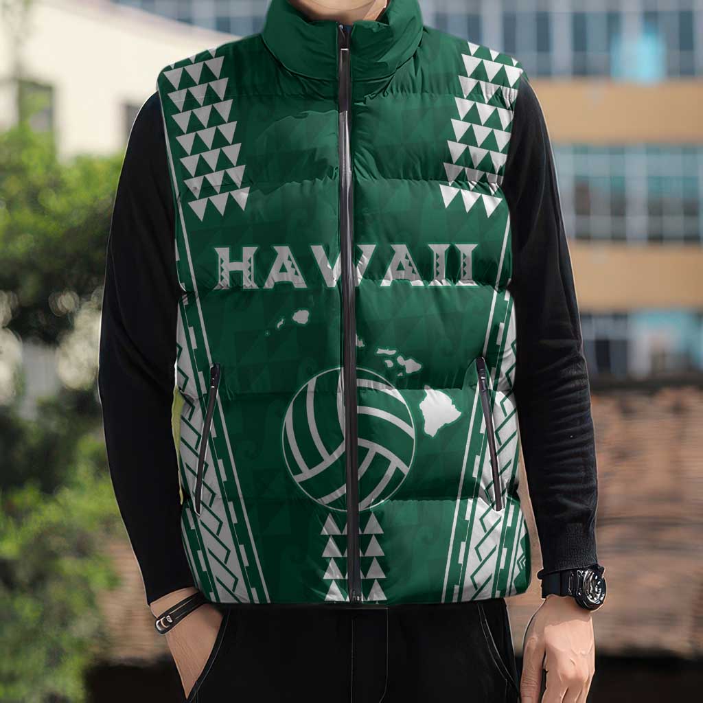 Polynesian Hawaii Volleyball Custom Sleeveless Puffer Jacket Green Kakau with Map Motif - Polynesian Pride