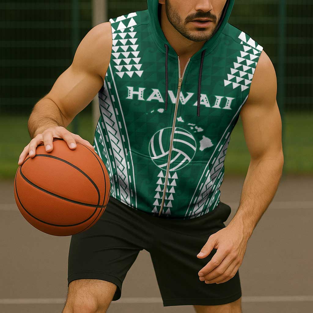 Polynesian Hawaii Volleyball Custom Sleeveless Zip Hoodie Green Kakau with Map Motif - Polynesian Pride