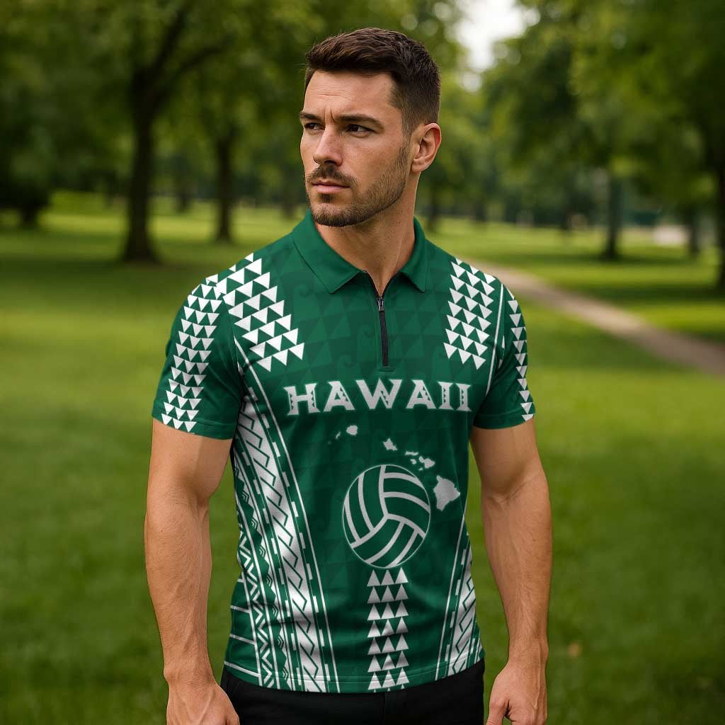 Polynesian Hawaii Volleyball Custom Zipper Polo Shirt Green Kakau with Map Motif - Polynesian Pride
