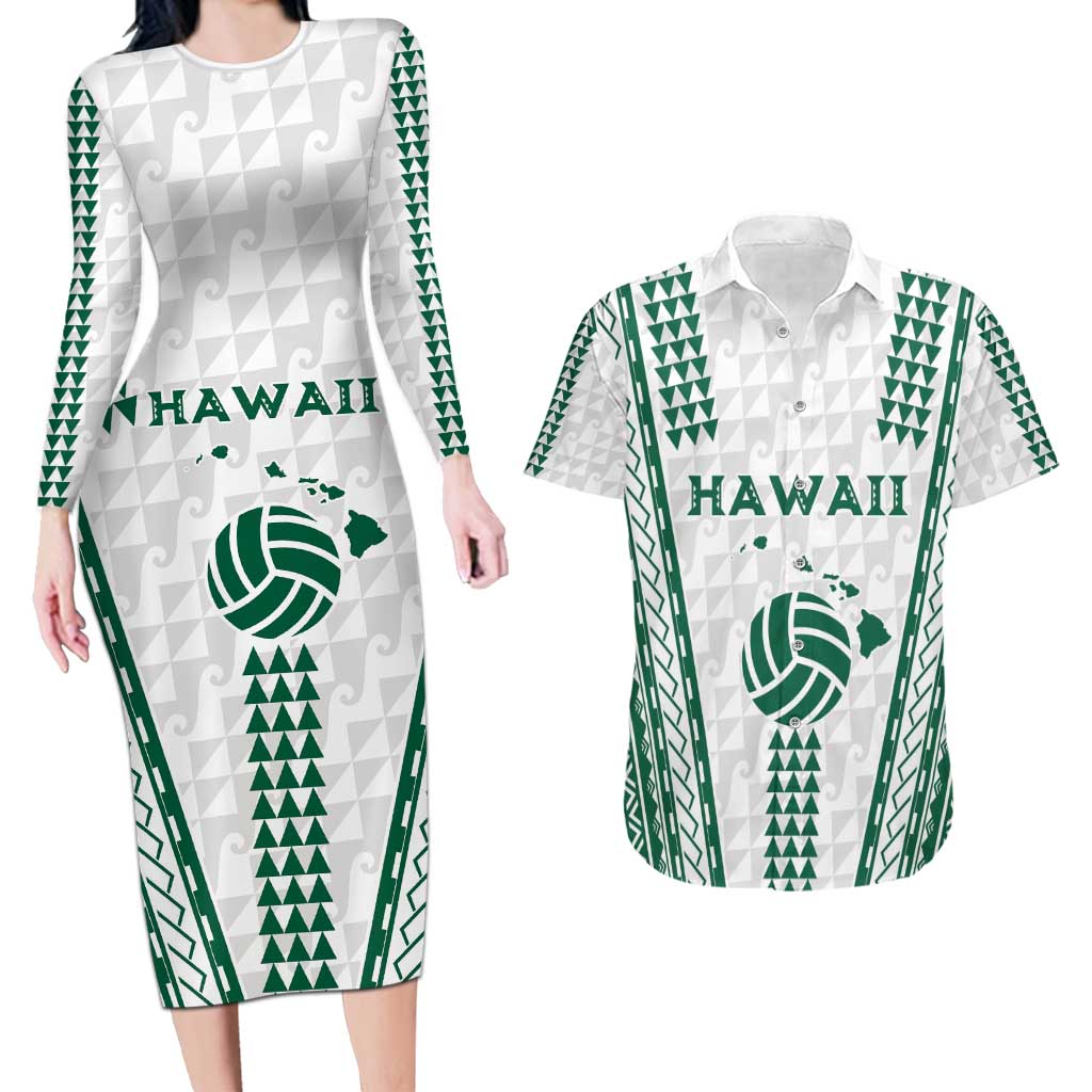 Polynesian Hawaii Volleyball Custom Couples Matching Long Sleeve Bodycon Dress and Hawaiian Shirt White Kakau with Map Motif