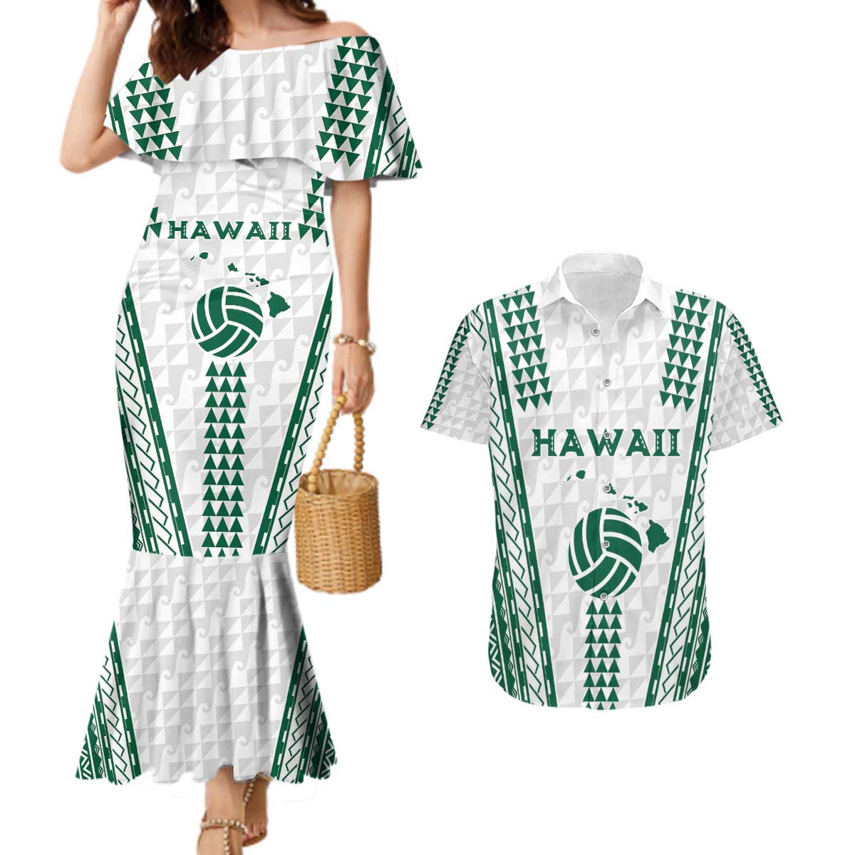 Polynesian Hawaii Volleyball Custom Couples Matching Mermaid Dress and Hawaiian Shirt White Kakau with Map Motif