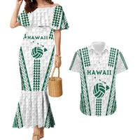 Polynesian Hawaii Volleyball Custom Couples Matching Mermaid Dress and Hawaiian Shirt White Kakau with Map Motif