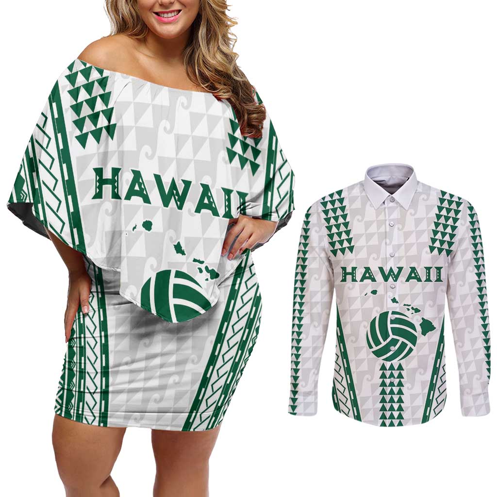 Polynesian Hawaii Volleyball Custom Couples Matching Off Shoulder Short Dress and Long Sleeve Button Shirt White Kakau with Map Motif