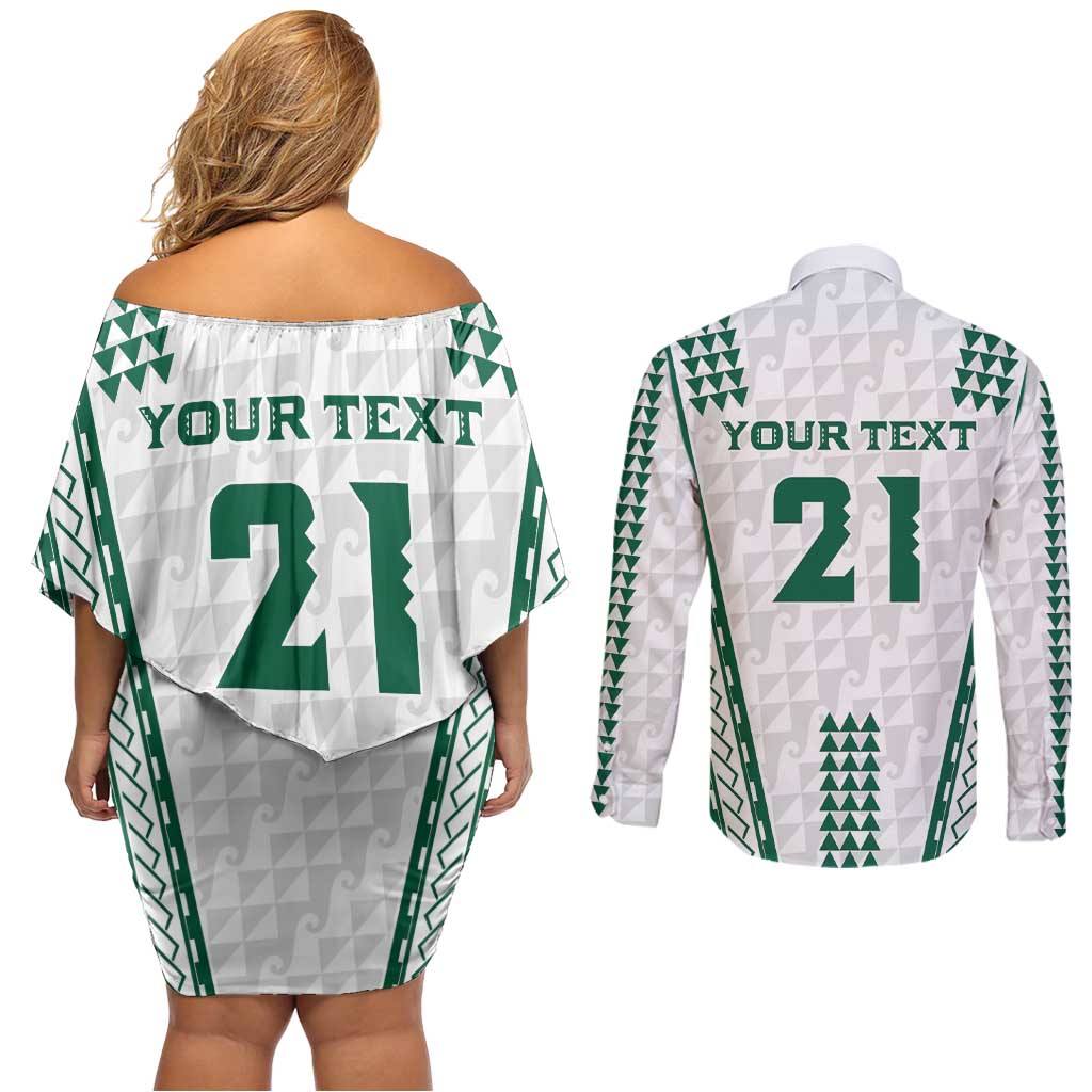 Polynesian Hawaii Volleyball Custom Couples Matching Off Shoulder Short Dress and Long Sleeve Button Shirt White Kakau with Map Motif