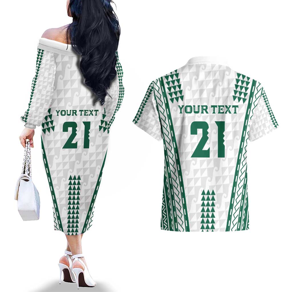 Polynesian Hawaii Volleyball Custom Couples Matching Off The Shoulder Long Sleeve Dress and Hawaiian Shirt White Kakau with Map Motif