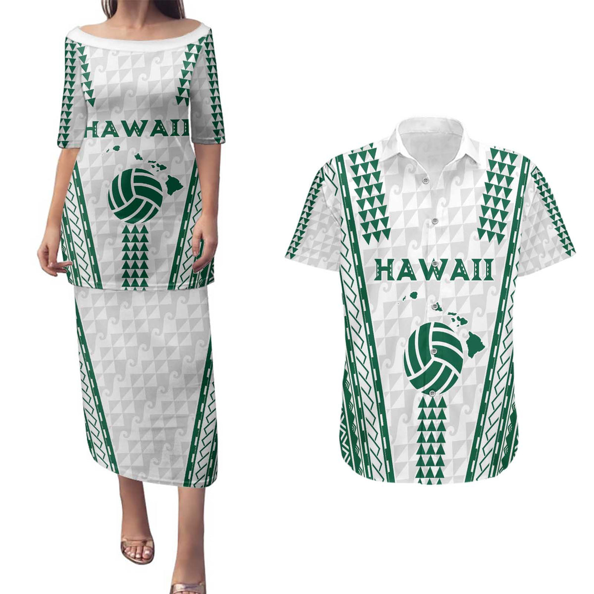 Polynesian Hawaii Volleyball Custom Couples Matching Puletasi and Hawaiian Shirt White Kakau with Map Motif