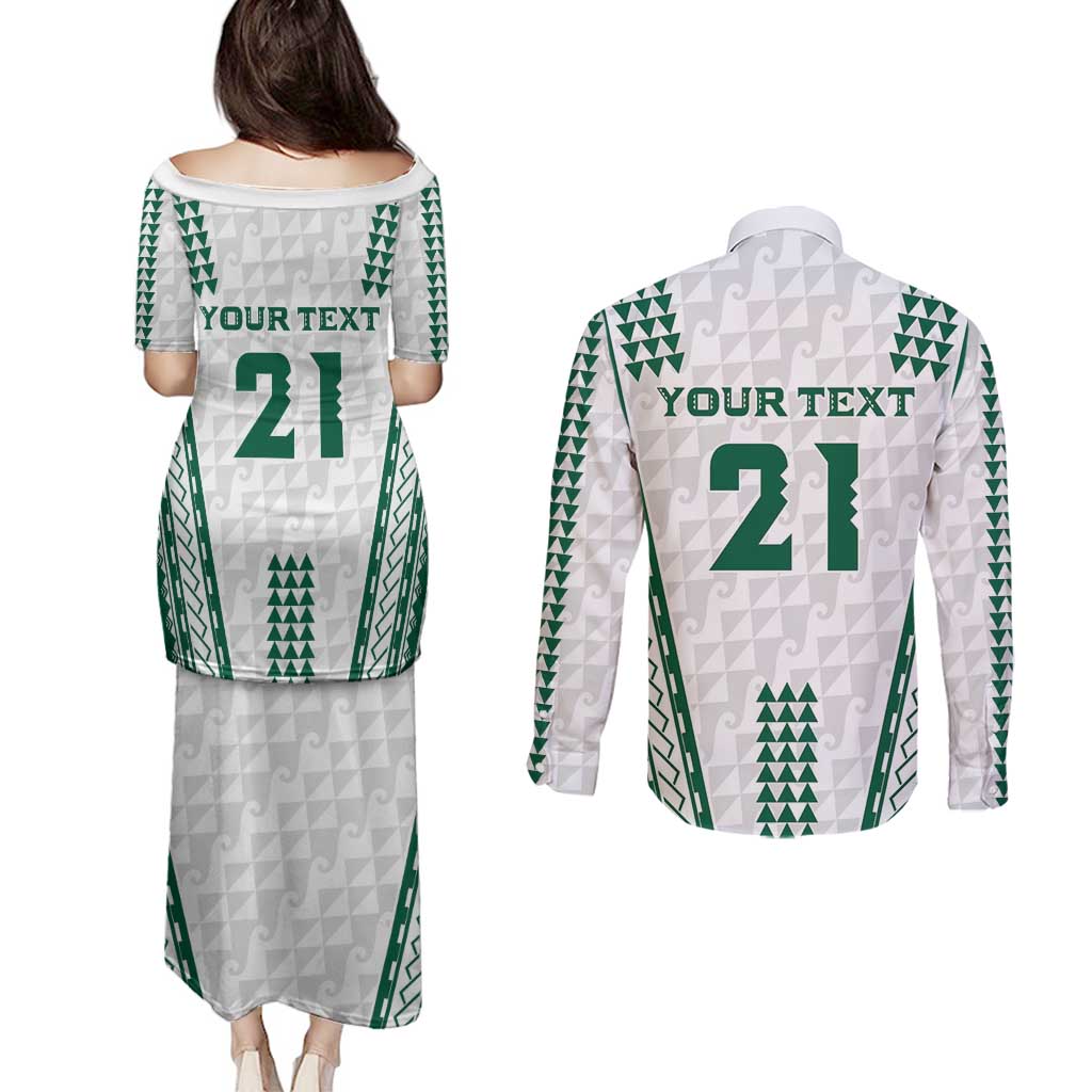 Polynesian Hawaii Volleyball Custom Couples Matching Puletasi and Long Sleeve Button Shirt White Kakau with Map Motif