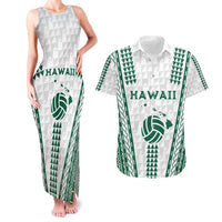 Polynesian Hawaii Volleyball Custom Couples Matching Tank Maxi Dress and Hawaiian Shirt White Kakau with Map Motif