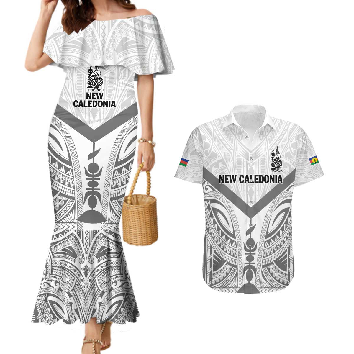 New Caledonia Football Custom Couples Matching Mermaid Dress and Hawaiian Shirt Go Champions Les Cagous LT9 White - Polynesian Pride