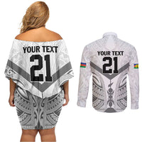 New Caledonia Football Custom Couples Matching Off Shoulder Short Dress and Long Sleeve Button Shirt Go Champions Les Cagous