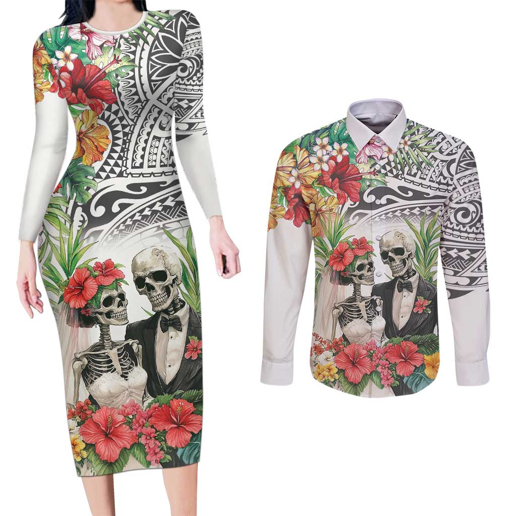 Skeleton Love for Valentines Day Couples Matching Long Sleeve Bodycon Dress and Long Sleeve Button Shirt Polynesian Tribal Love Forever LT9 White - Polynesian Pride
