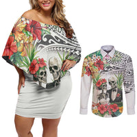 Skeleton Love for Valentine’s Day Couples Matching Off Shoulder Short Dress and Long Sleeve Button Shirt Polynesian Tribal Love Forever