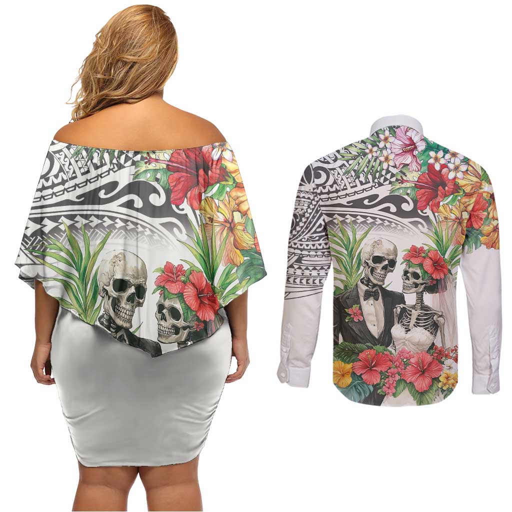 Skeleton Love for Valentine’s Day Couples Matching Off Shoulder Short Dress and Long Sleeve Button Shirt Polynesian Tribal Love Forever